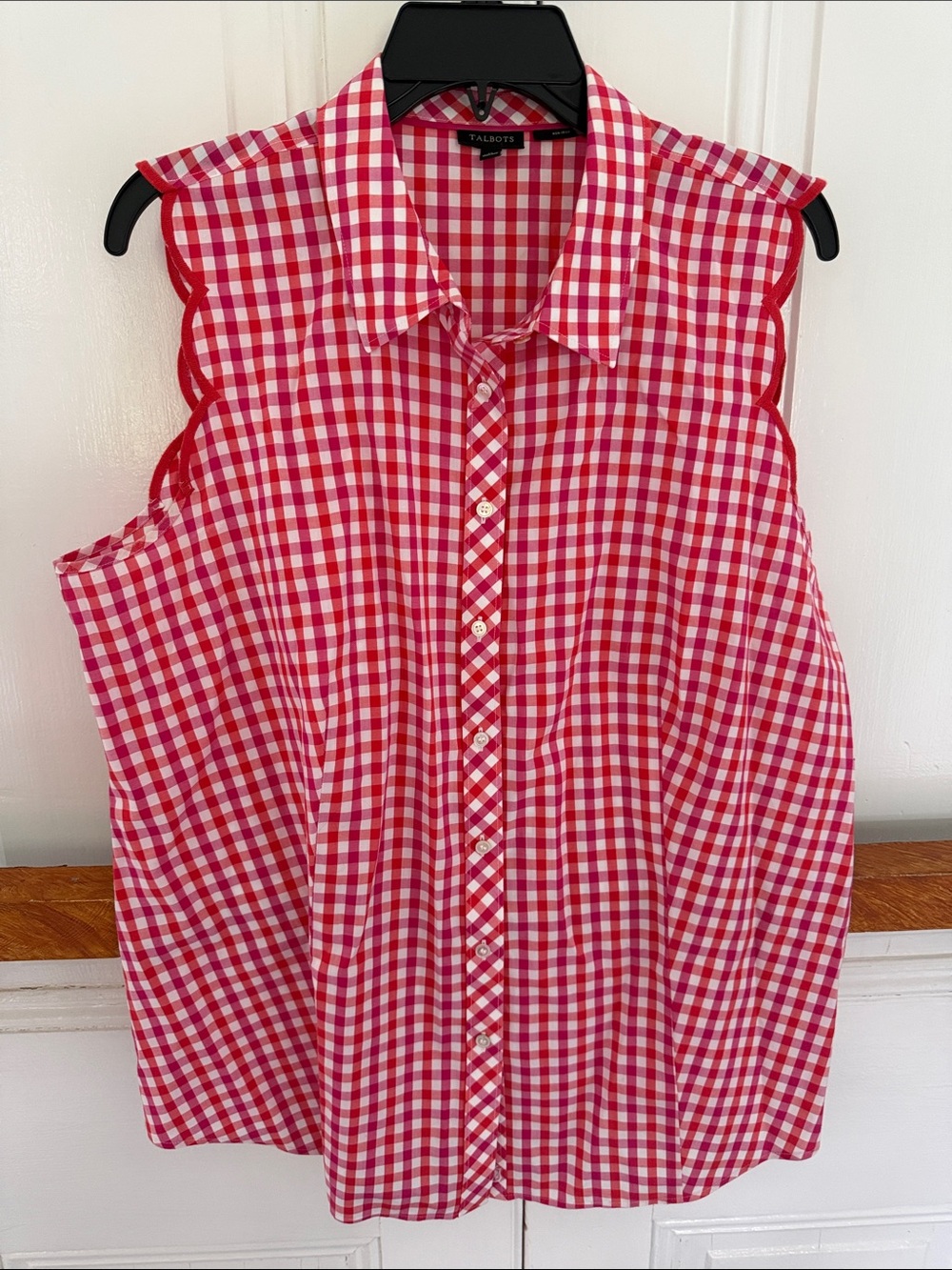 Talbots Red and Pink Gingham Sleeveless Button-Down Shirt